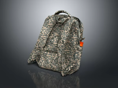 Camouflage Pattern Backpack With Adjustable Straps And Orange Tag Fabric Design 3d model