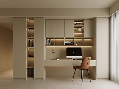Modern Home Office Bookcase Design With Desk Computer Chair And Warm Lighting 3d model