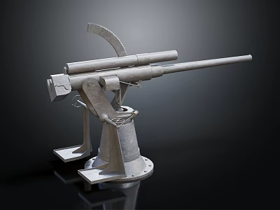 Vintage Dual Barrel Artillery Weapon with Metal Mounted Base and Dark Reflective Background 3d model