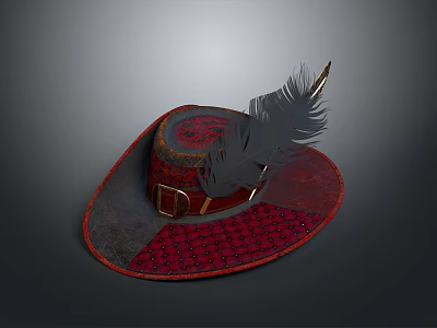 Vintage Wide Brim Hat With Feather Decoration Red Plaid Pattern And Leather Buckle 3d model