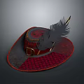 Vintage Wide Brim Hat With Feather Decoration Red Plaid Pattern And Leather Buckle