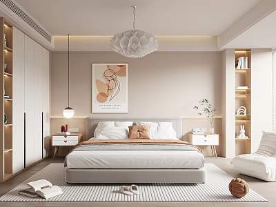 Modern Bedroom Interior Design With Large Bed Artwork Pendant Light Nightstands And Warm Tones 3d model