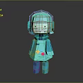 Blue Woman Figure With Headphones Yellow Cross And Pink Dot On Dress