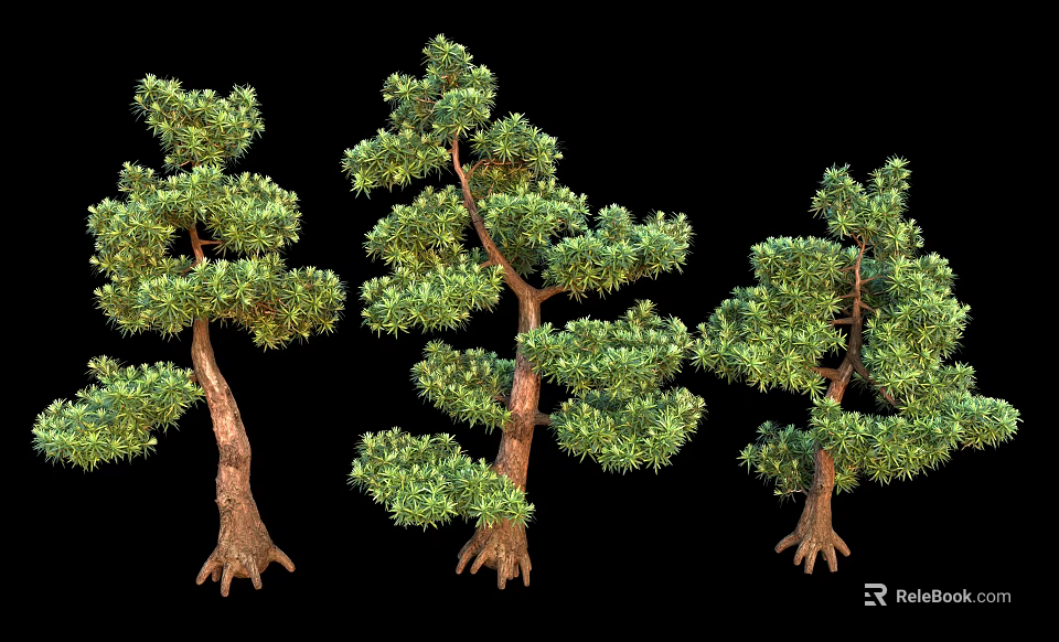 Lush Green Arbor Trees with Natural Trunk Shapes and Foliage Details 3d model 