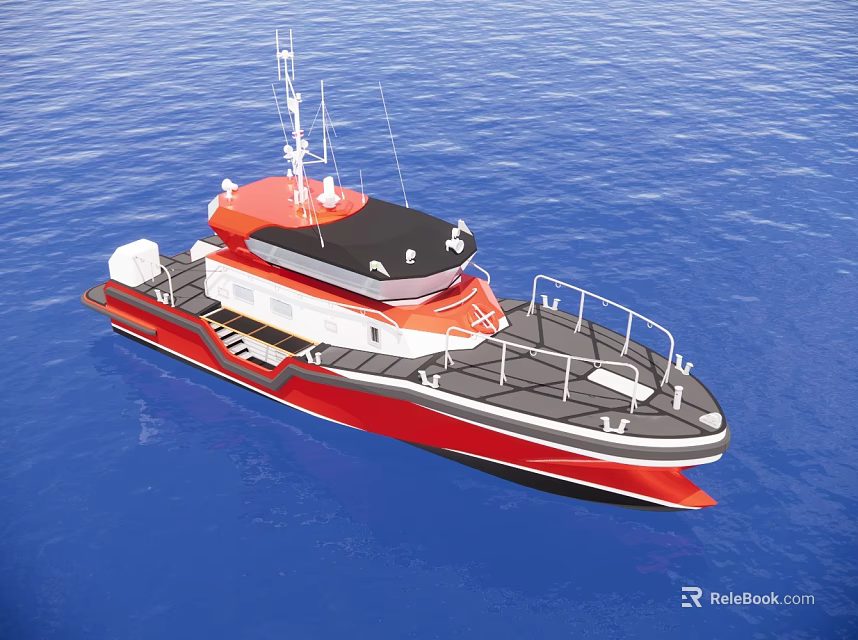 Modern Red And Black Yacht With Deck Railing Sailing On Blue Sea 3d model 