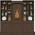 Traditional Wooden Buddhist Shrine Cabinet With Buddha Statue Vases Decorative Items And Lighting