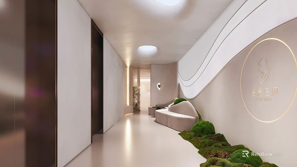 Modern Casual Area with Curved Sofa Green Plants Wavy Wall Design And Circular Ceiling Lights 3d model 