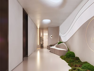 Modern Casual Area with Curved Sofa Green Plants Wavy Wall Design And Circular Ceiling Lights 3d model
