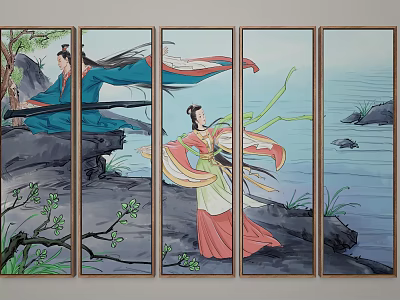 Traditional Chinese Five Panel Painting Featuring Ancient Figures Mountains Water And Trees 3d model