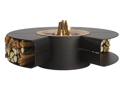 Modern Round Fireplace with Burning Logs and Integrated Wood Storage Compartments 3d model