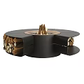 Modern Round Fireplace with Burning Logs and Integrated Wood Storage Compartments