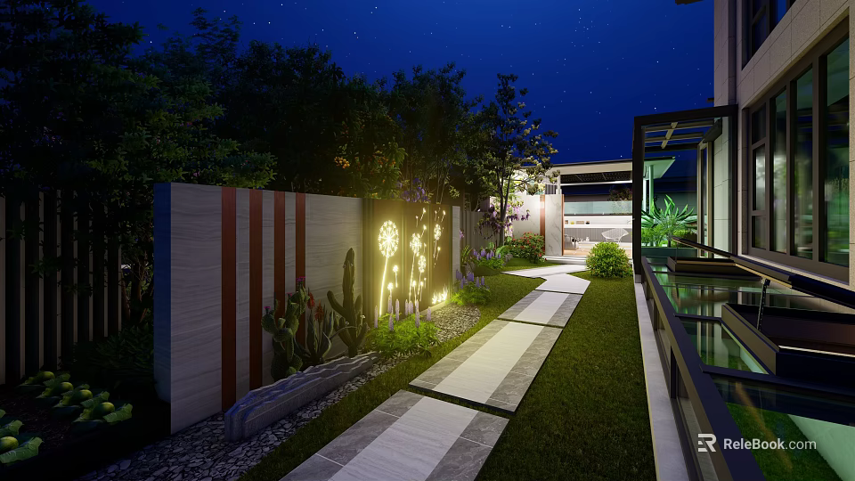 Evening Garden Landscape With Stone Pathway Illuminated Lighting And Green Plants Along Decorative Wall 3d model 