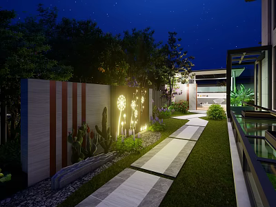 Evening Garden Landscape With Stone Pathway Illuminated Lighting And Green Plants Along Decorative Wall 3d model