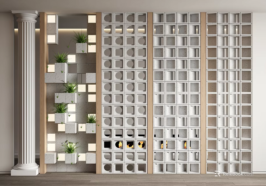 Modern Room Divider Design With Geometric Patterns Circular Cutouts Plants And Lighting 3d model 