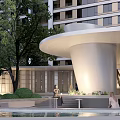 Modern High Rise Building Garden Landscape With Trees Lawn Water Feature And Entrance