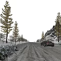 Gorgeous Winter Snow Landscape With Frosted Pine Trees And Car Driving On Icy Mountain Road