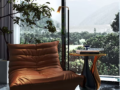 Brown Leather Bean Bag Chair with Side Table Floor Lamp and Scenic Mountain View 3d model