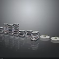 Multiple Stacked Building Models With Various Colors And Circular Bases On Reflective Surface