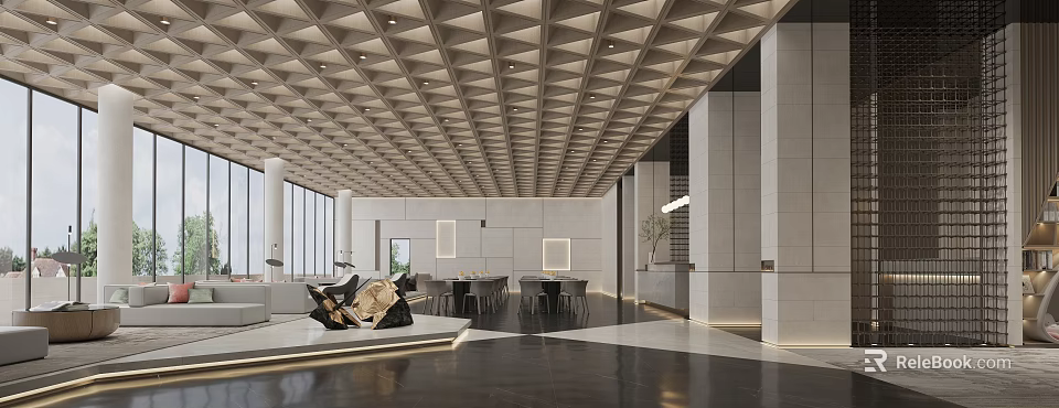 Modern Sales Office Interior With Geometric Ceiling Large Glass Windows And Marble Flooring 3d model 