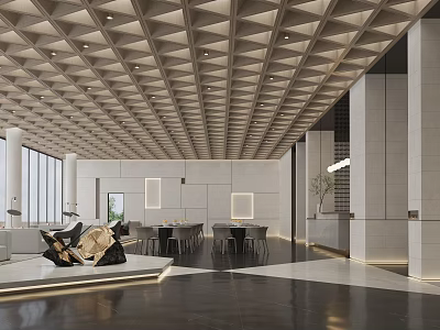 Modern Sales Office Interior With Geometric Ceiling Large Glass Windows And Marble Flooring 3d model