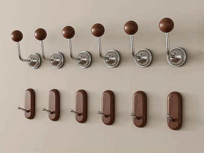 Decorative Wall Hooks with Metal Balls and Wooden Rectangular Shapes Mounted on Light Colored Wall 3d model
