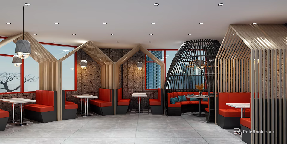 Modern Restaurant Interior With Red Sofas Wooden Structures And Cage Like Decor 3d model