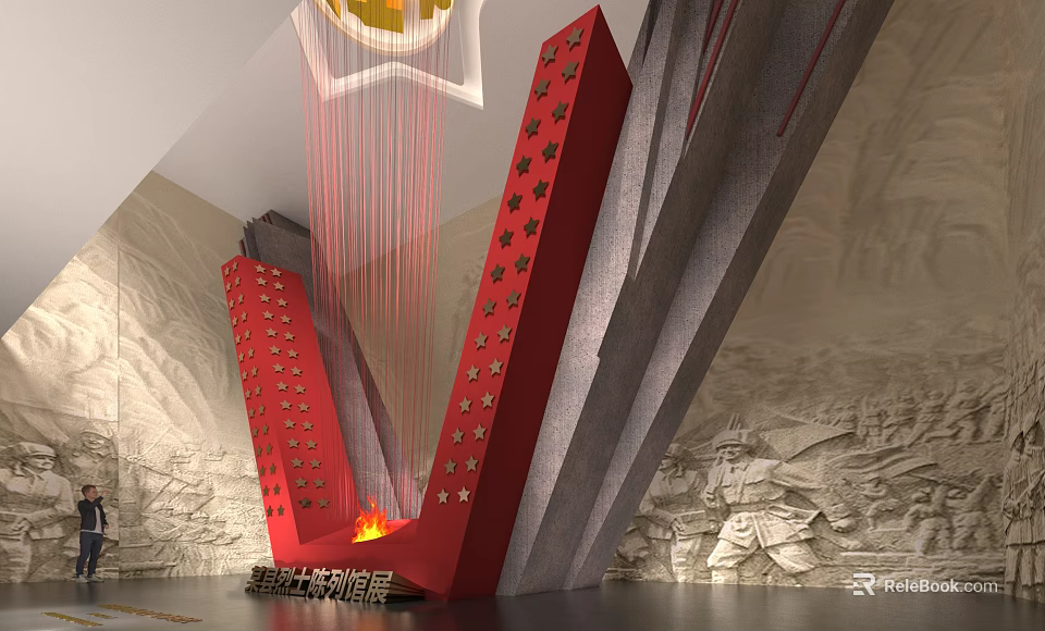 Red V Shaped Sculpture With Stars And Flames Against Stone Relief Wall 3d model 