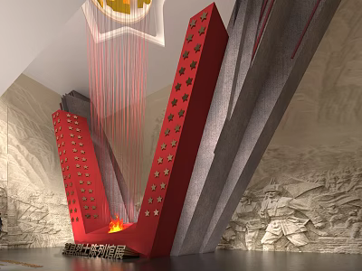 Red V Shaped Sculpture With Stars And Flames Against Stone Relief Wall 3d model
