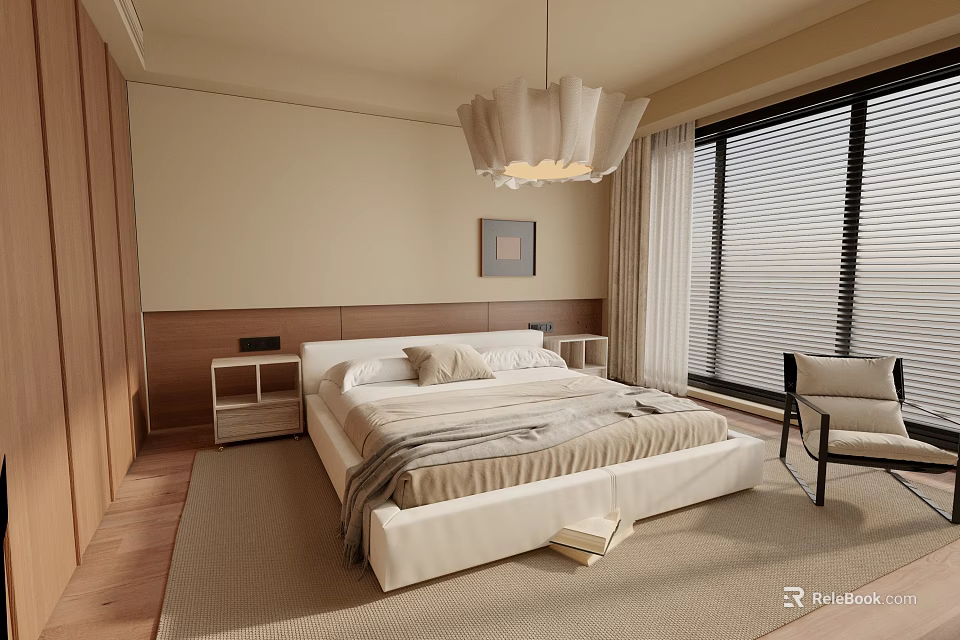 Modern Bedroom Interior With White Bed Wooden Headboard And Chandelier Window Blinds Curtains Rug 3d model 