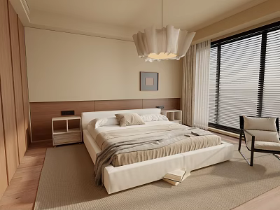 Modern Bedroom Interior With White Bed Wooden Headboard And Chandelier Window Blinds Curtains Rug 3d model