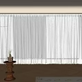 White Sheer Curtains in Modern Indoor Space with Wooden Floor Small Table and Potted Plant