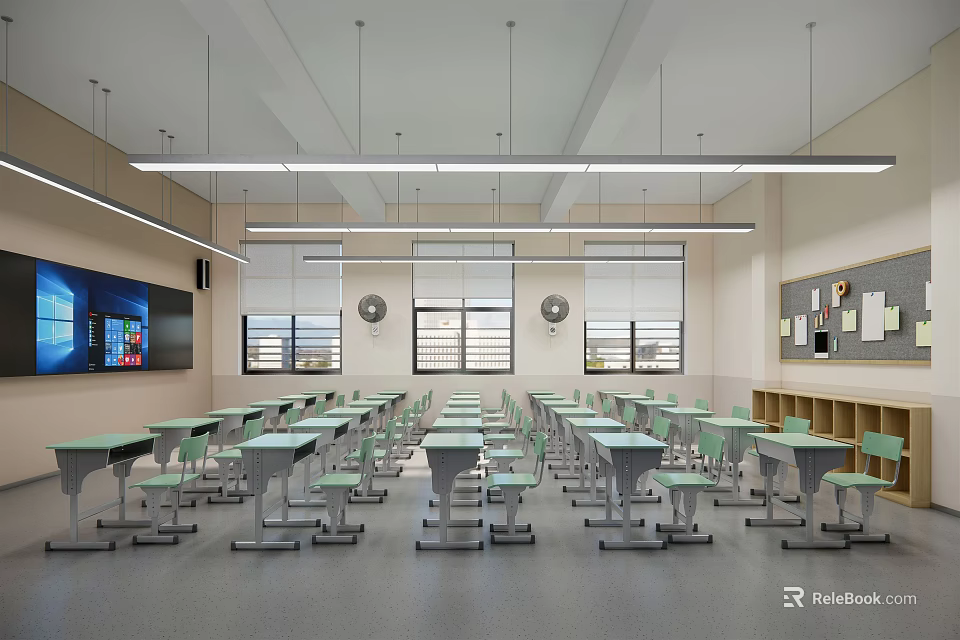 School Modern Classroom With Desks Chairs Large Screen Windows And Lockers 3d model 