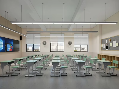 School Modern Classroom With Desks Chairs Large Screen Windows And Lockers 3d model