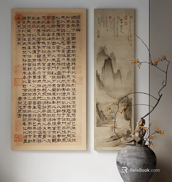 Photo Wall Featuring Traditional Chinese Calligraphy Scrolls Landscape Paintings and Vase with Flowering Branches 3d model 