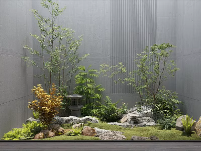 Courtyard Garden Design With Gray Wall Various Plants Rocks Moss And Stone Lantern 3d model