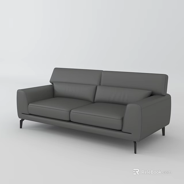 Gray Leather Double Sofa With Modern Design And Black Slim Legs 3d model