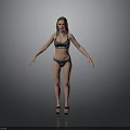 Woman in Black Bikini and Sandals with Arms Naturally Spread Standing Against Gray Background