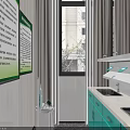 Medical Hand Washing Station With Green Cabinets Double Sinks Wall Notice Boards And Window Curtains