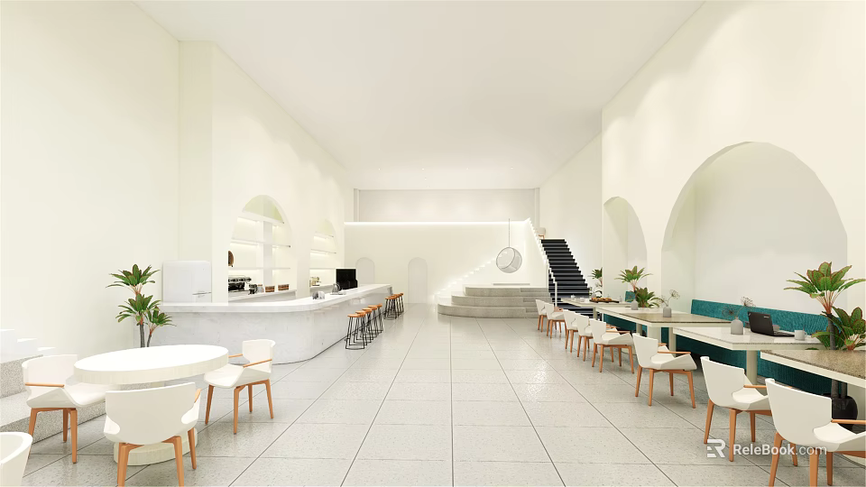 Modern Café Interior Design With White Tables Chairs Green Plants And Arched Accents 3d model 
