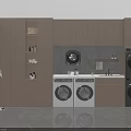 Modern Laundry Room Interior With Built In Washing Machines Dryers And Wooden Cabinets