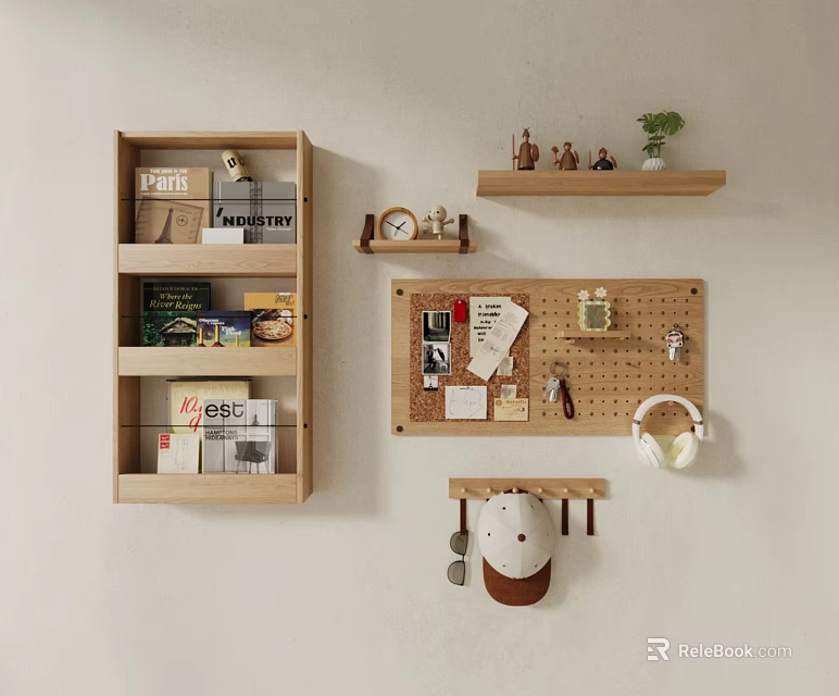 Wooden Wall Hanging Organizer with Pinboard Cap Headphones and Small Decor Items 3d model 
