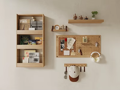 Wooden Wall Hanging Organizer with Pinboard Cap Headphones and Small Decor Items 3d model