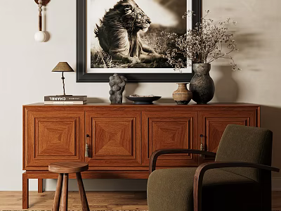 Wooden Console Side Cabinet With Table Lamp Books Decorative Vase And Lion Painting In Entryway 3d model