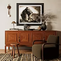 Wooden Console Side Cabinet With Table Lamp Books Decorative Vase And Lion Painting In Entryway