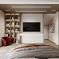 Modern Bedroom Interior With Wooden Floor Bookshelves Wardrobe Chair And Decorative Rug