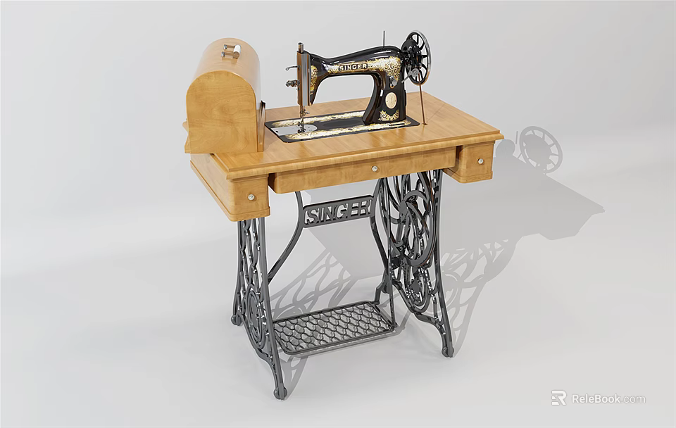 Vintage Industrial Sewing Machine with Wooden Tabletop and Metal Stand Structure 3d model 