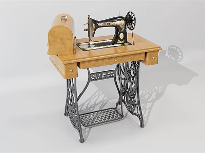 Vintage Industrial Sewing Machine with Wooden Tabletop and Metal Stand Structure 3d model