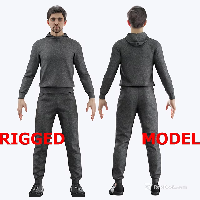 Rigged 3D Model Gray Hoodie Tracksuit Front And Back View Design 3d model 