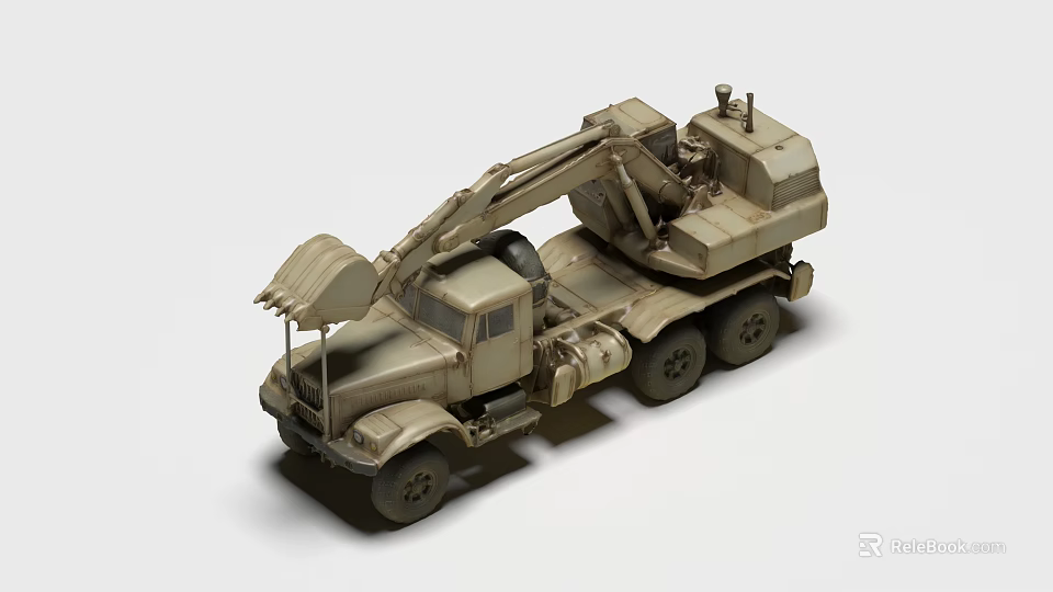 Detailed Beige Utility Vehicle With Mechanical Arm And Multiple Wheels 3d model 
