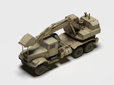 Detailed Beige Utility Vehicle With Mechanical Arm And Multiple Wheels 3d model